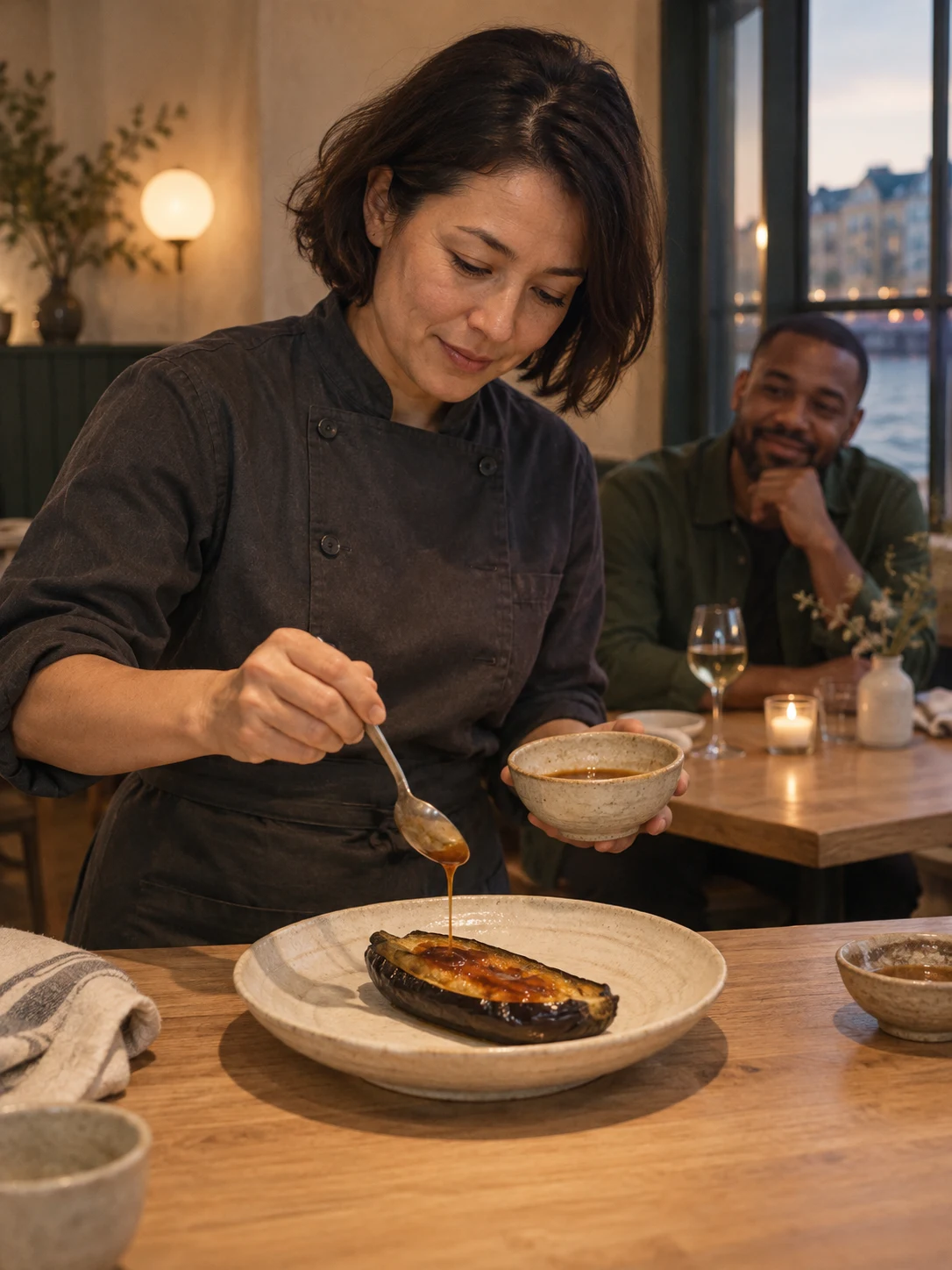 The aubergine comes before the glaze. Cover composition: Soft aubergine surface with thin miso glaze.