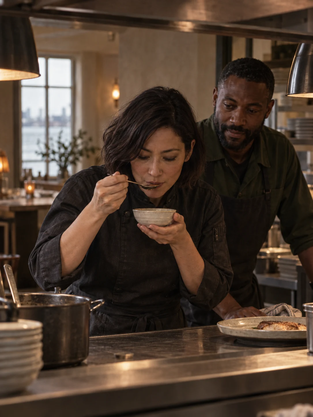Mara between the pot and the pass. Cover composition: Mara tasting a small broth bowl at the kitchen pass.