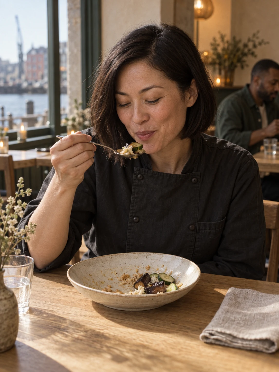 Mara on the last spoon of a dish. Cover composition: Mara tasting the exact lunch aubergine with rice and cucumber.