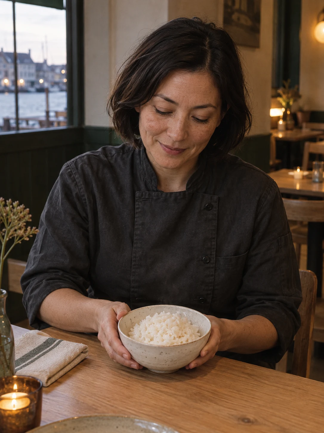 Rice is part of the dish. Cover composition: Warm plain rice in its own bowl.