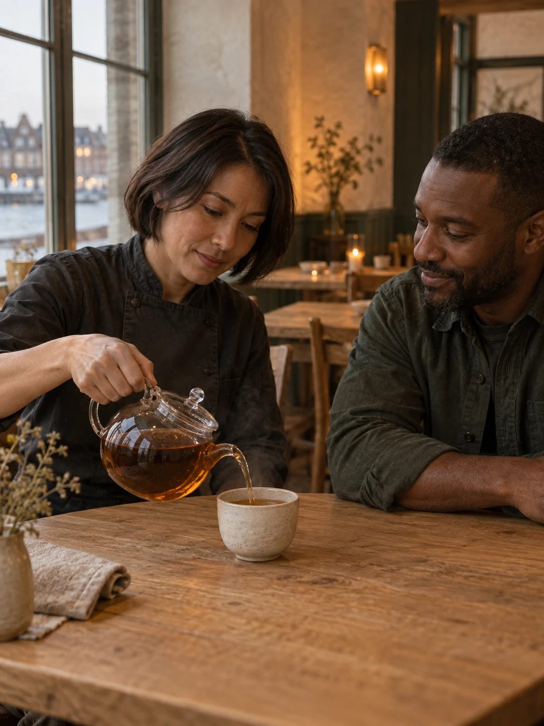 Roasted tea without a sweet finish. Cover composition: Clear hot roasted tea pot and cup.