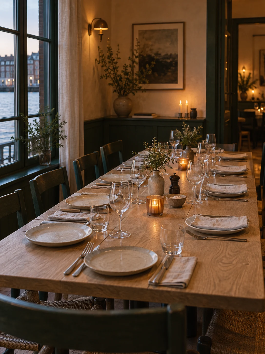 The first hour of a group dinner. Cover composition: Reed Room table before guests arrive.