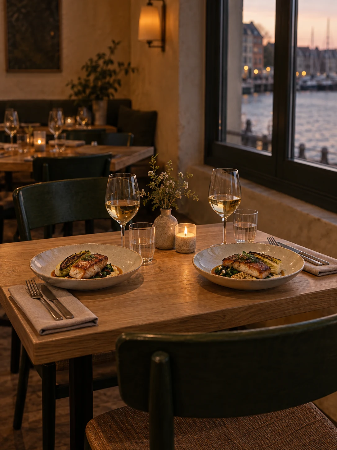 The last seating is a start time. Cover composition: Two empty dinner places under warm evening light.