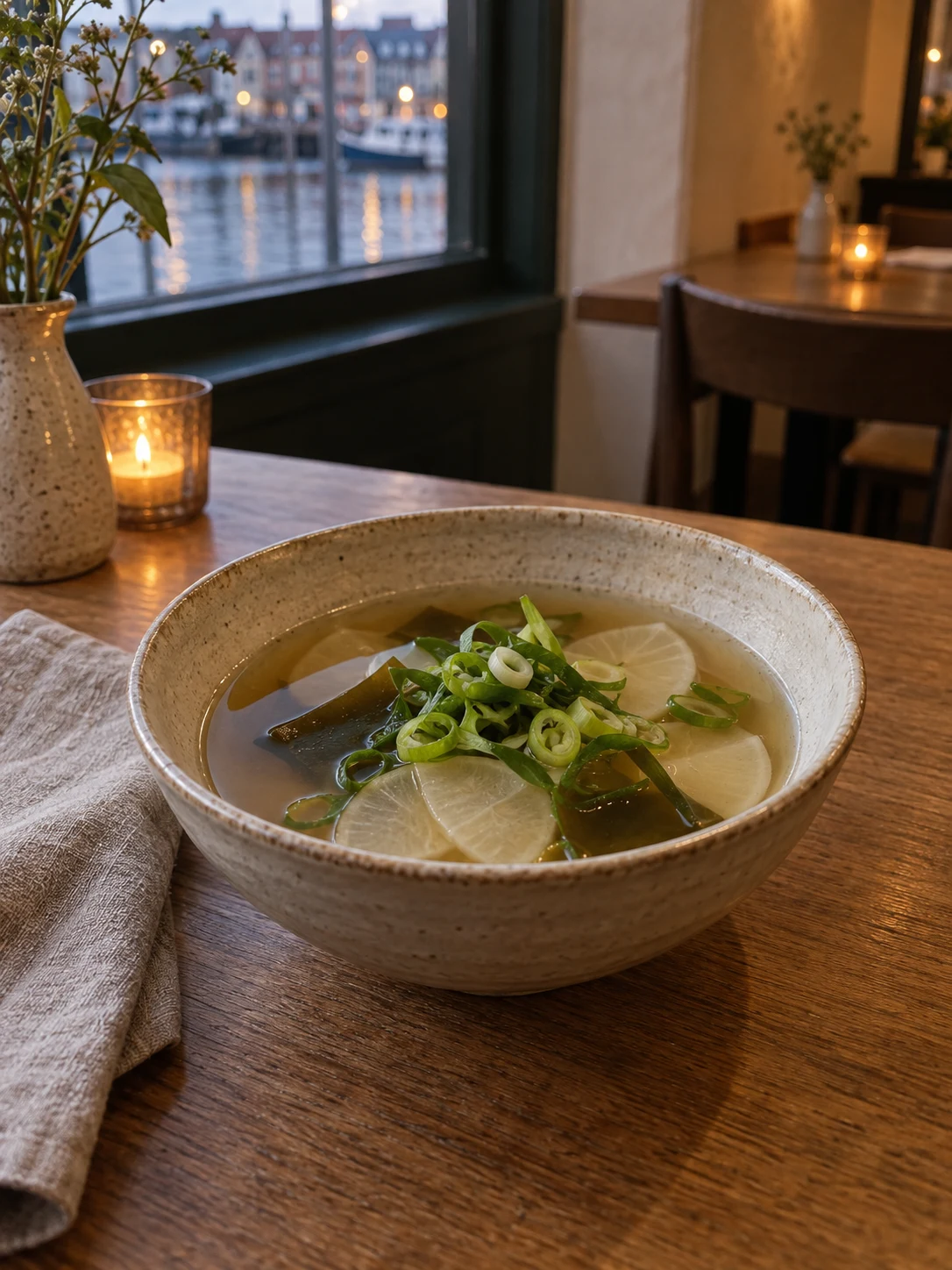 Clear kombu-turnip broth with spring onion. Independent composition supporting this article; food must match the linked recipe.