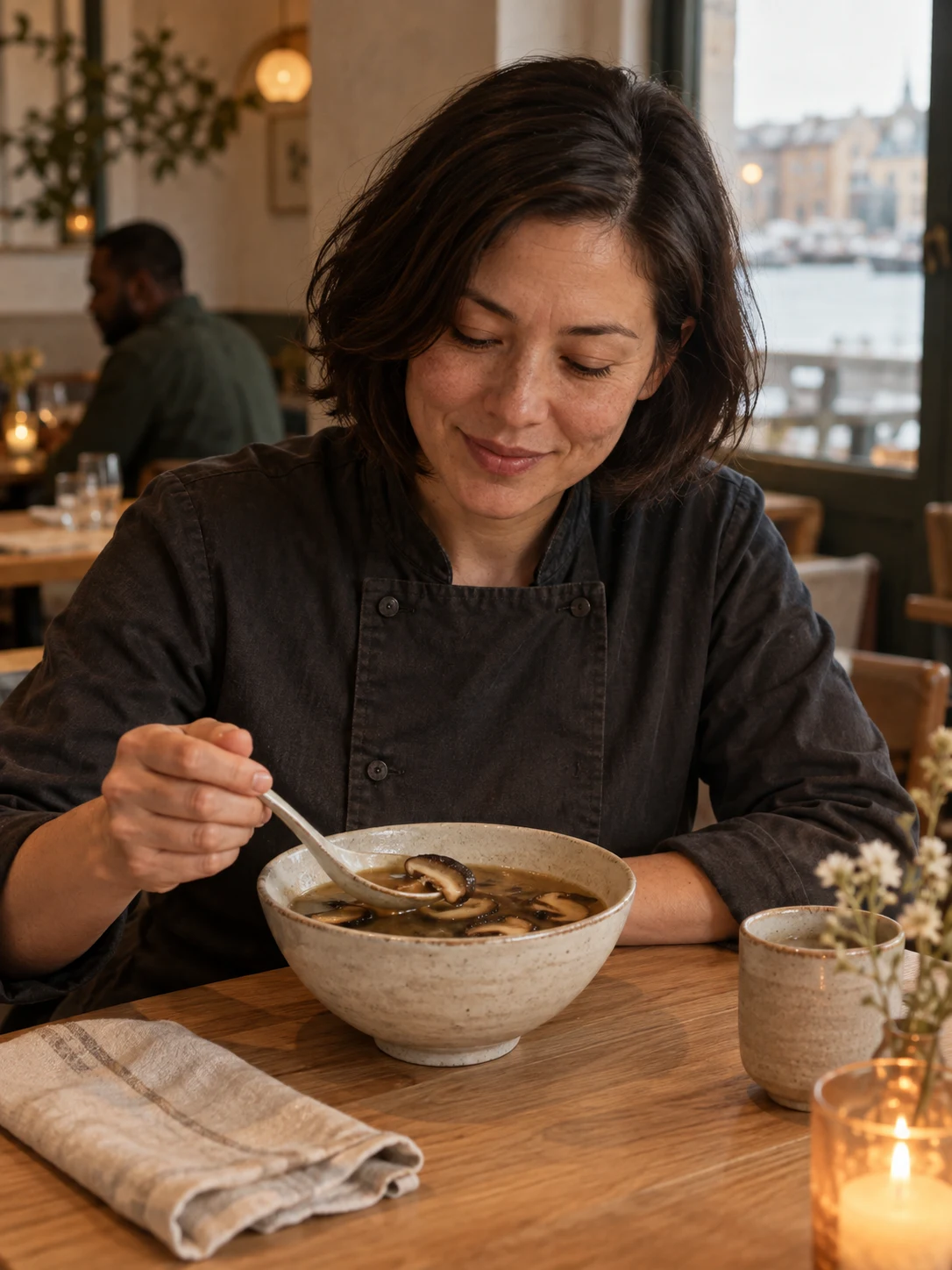 Mushroom-miso broth with visible shiitake. Independent composition supporting this article; food must match the linked recipe.
