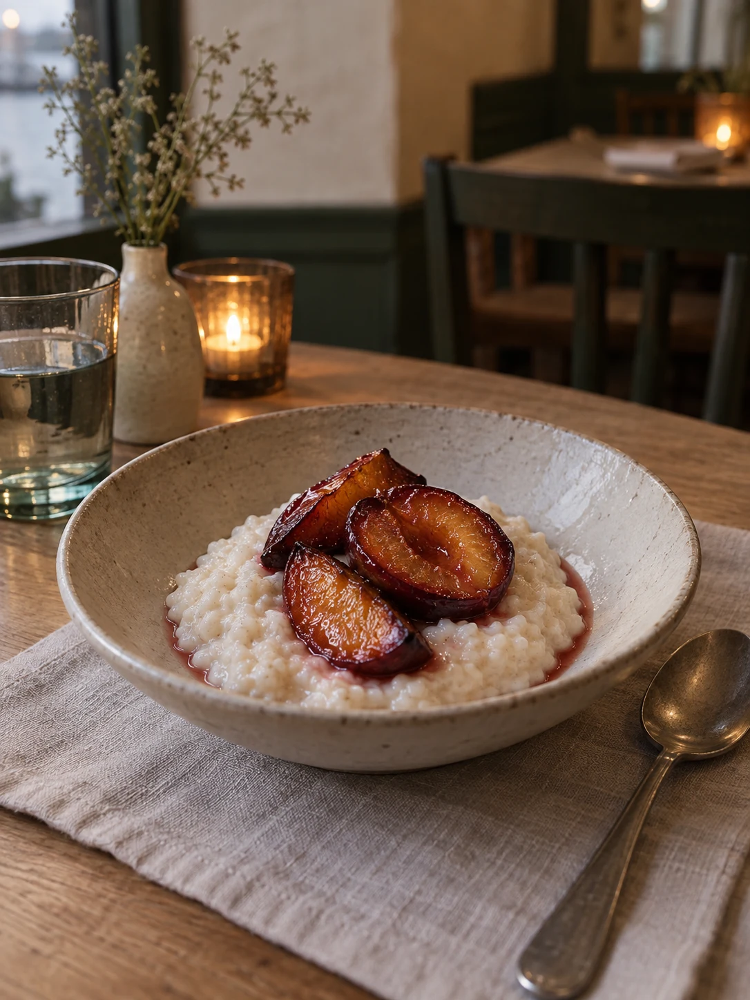 Coconut rice pudding and roasted plum. Independent composition supporting this article; food must match the linked recipe.
