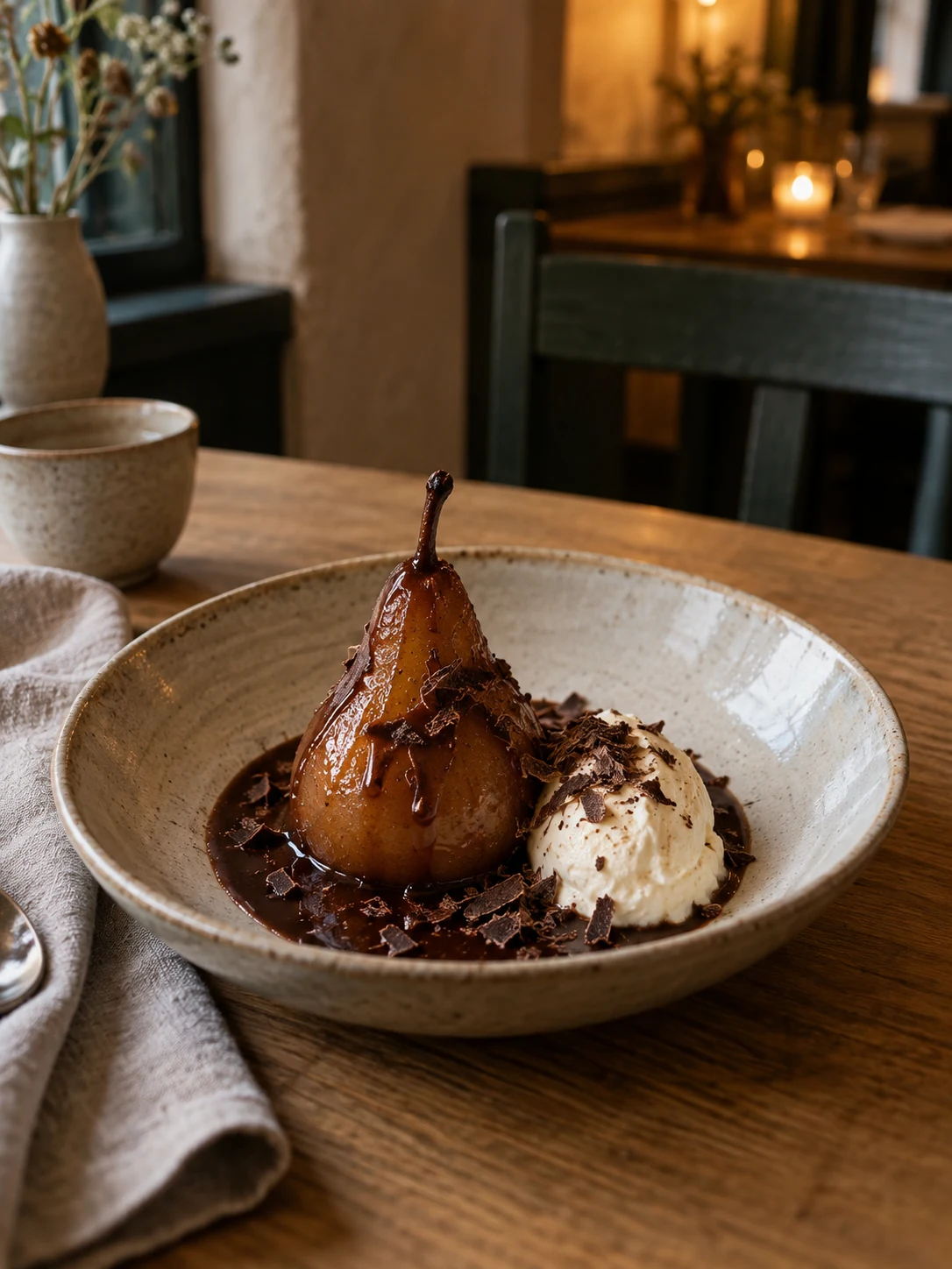 Warm pear with chocolate and cream. Independent composition supporting this article; food must match the linked recipe.