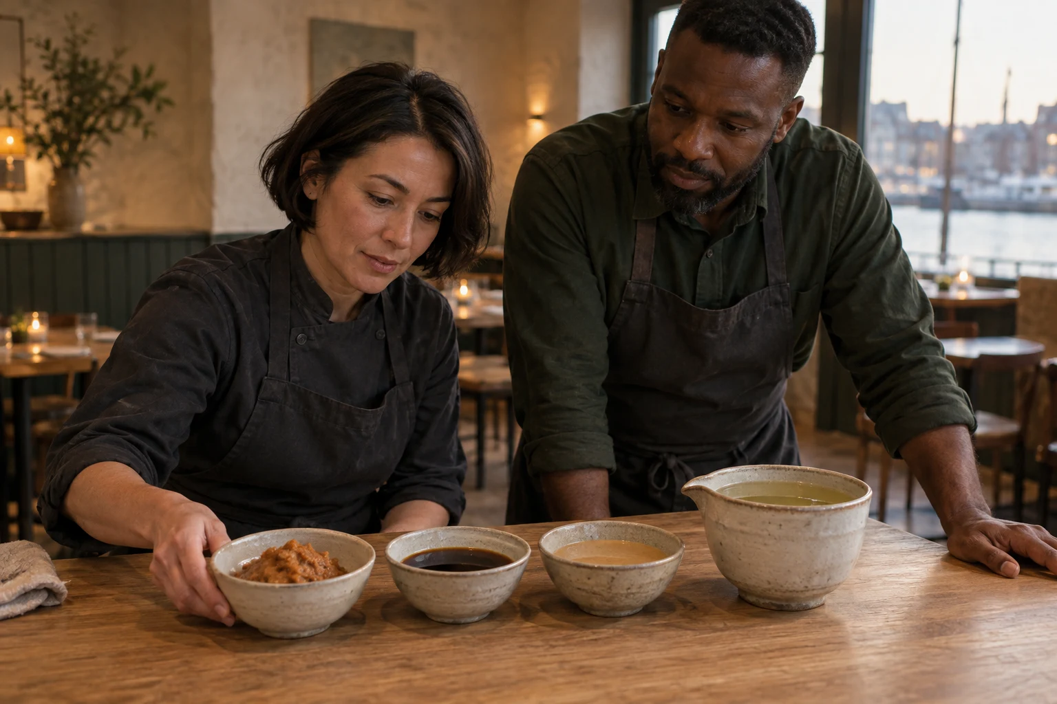 Separate bowls of miso, wheat-brewed soy, sesame and a celery stock vessel, no fake labels. Independent composition supporting this article; food must match the linked recipe.