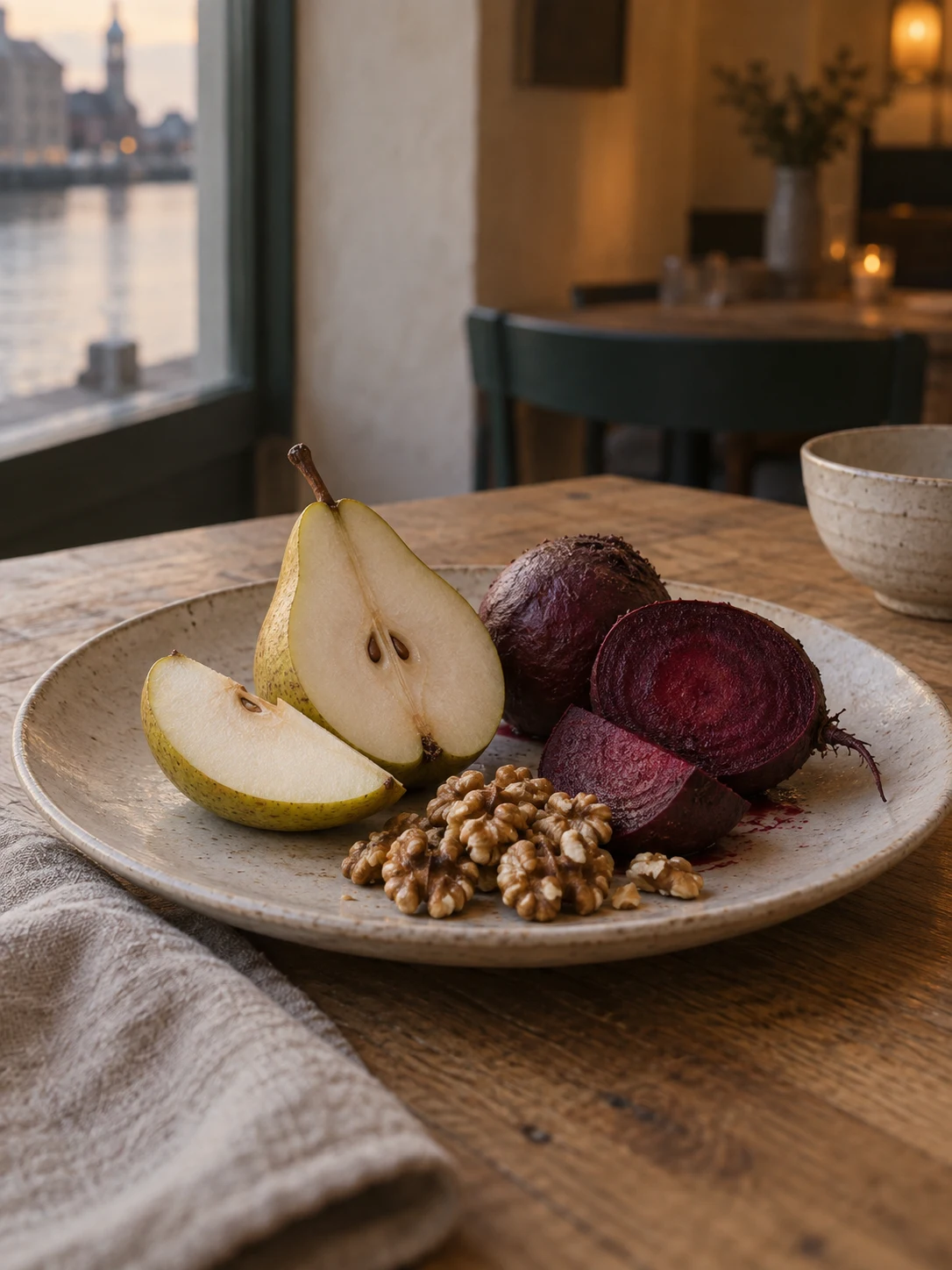 Raw pear cut beside beetroot and walnut. Independent composition supporting this article; food must match the linked recipe.