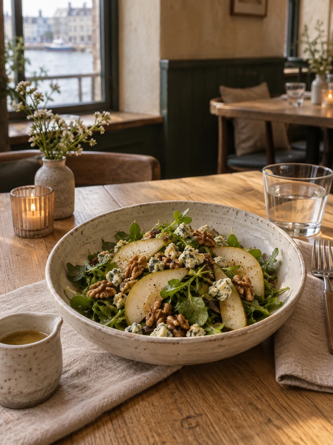 Lunch pear salad with its exact recipe. Independent composition supporting this article; food must match the linked recipe.