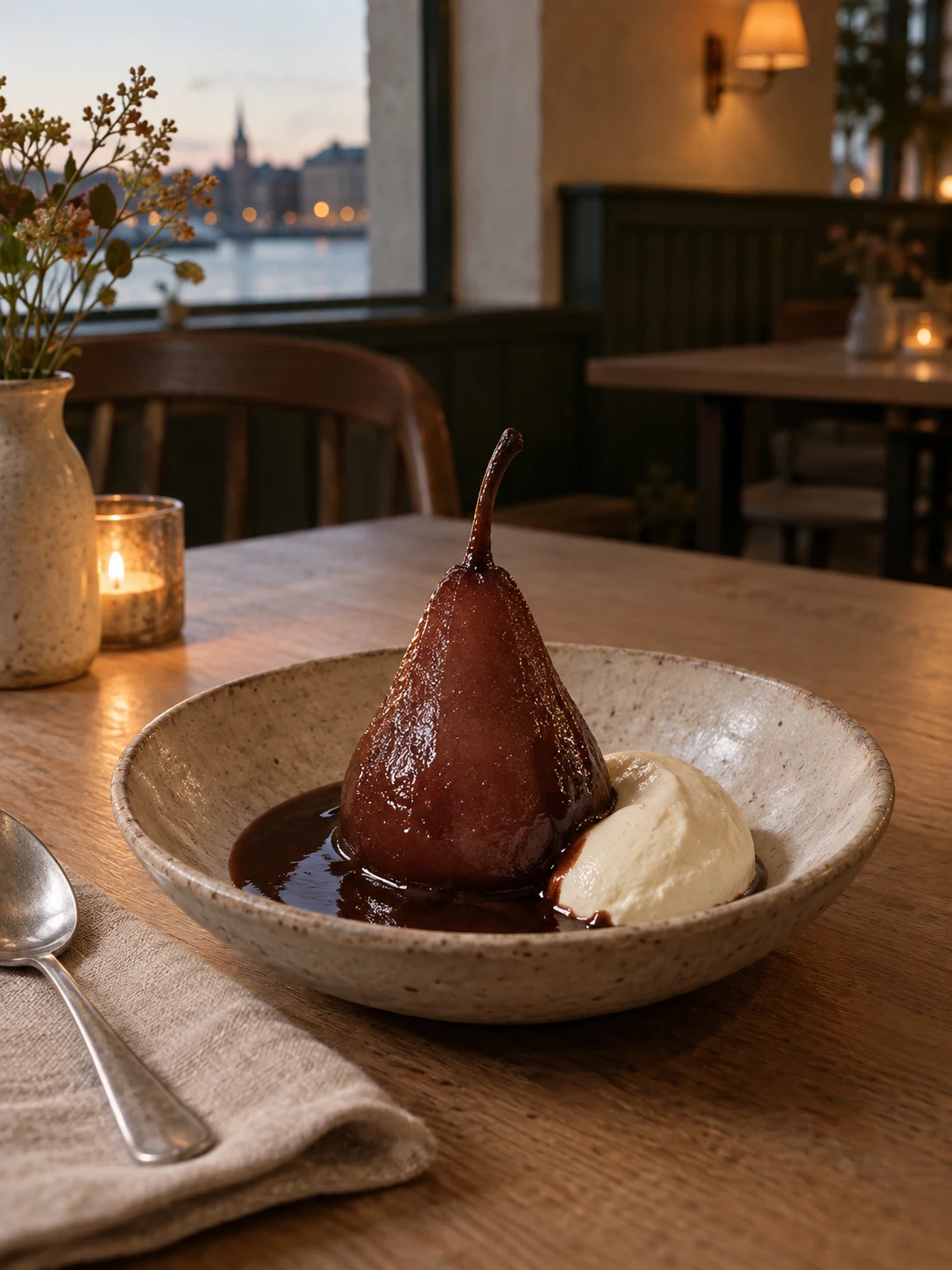 Poached pear with chocolate and cream. Independent composition supporting this article; food must match the linked recipe.