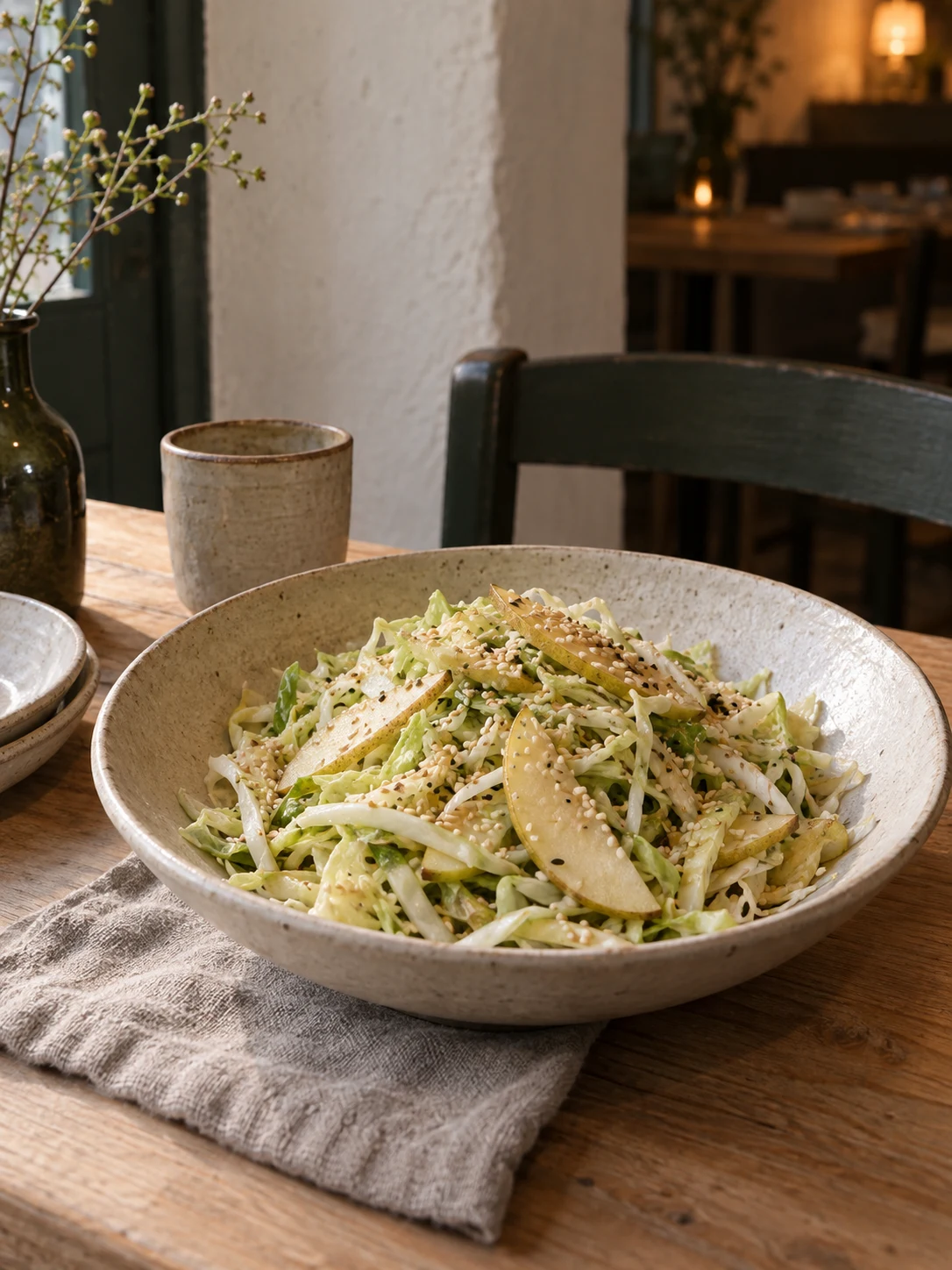 Pear and cabbage salad with sesame. Independent composition supporting this article; food must match the linked recipe.