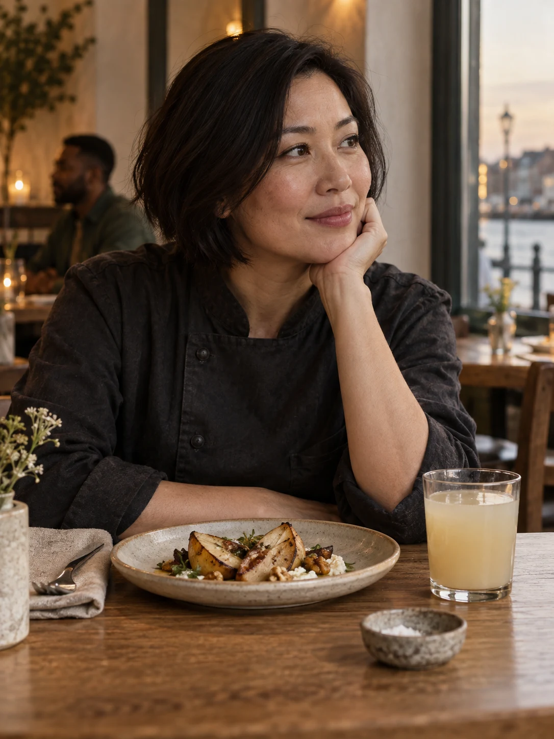 A pear juice glass separate from an alcoholic spritz. Independent composition supporting this article; food must match the linked recipe.