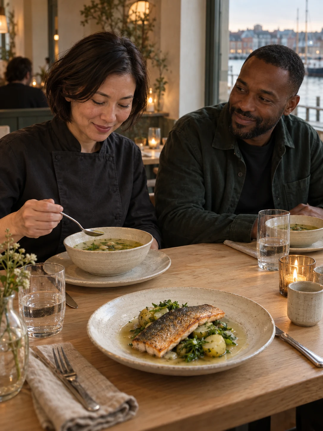 Clear spring broth and the trout dinner fillet as separate courses. Independent composition supporting this article; food must match the linked recipe.