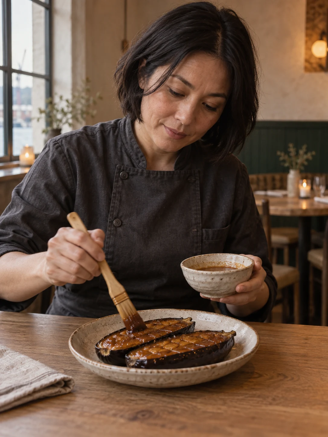 Soft aubergine surface with thin miso glaze. Independent composition supporting this article; food must match the linked recipe.