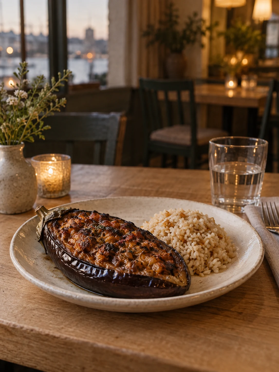 Whole dinner aubergine with its rice portion. Independent composition supporting this article; food must match the linked recipe.