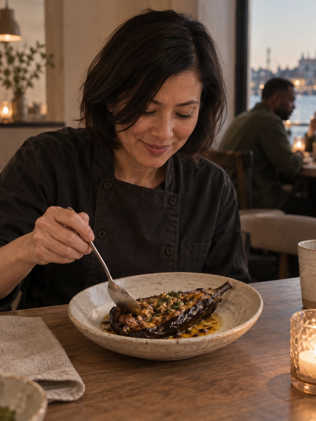 Spoon approaching the soft aubergine centre. Independent composition supporting this article; food must match the linked recipe.