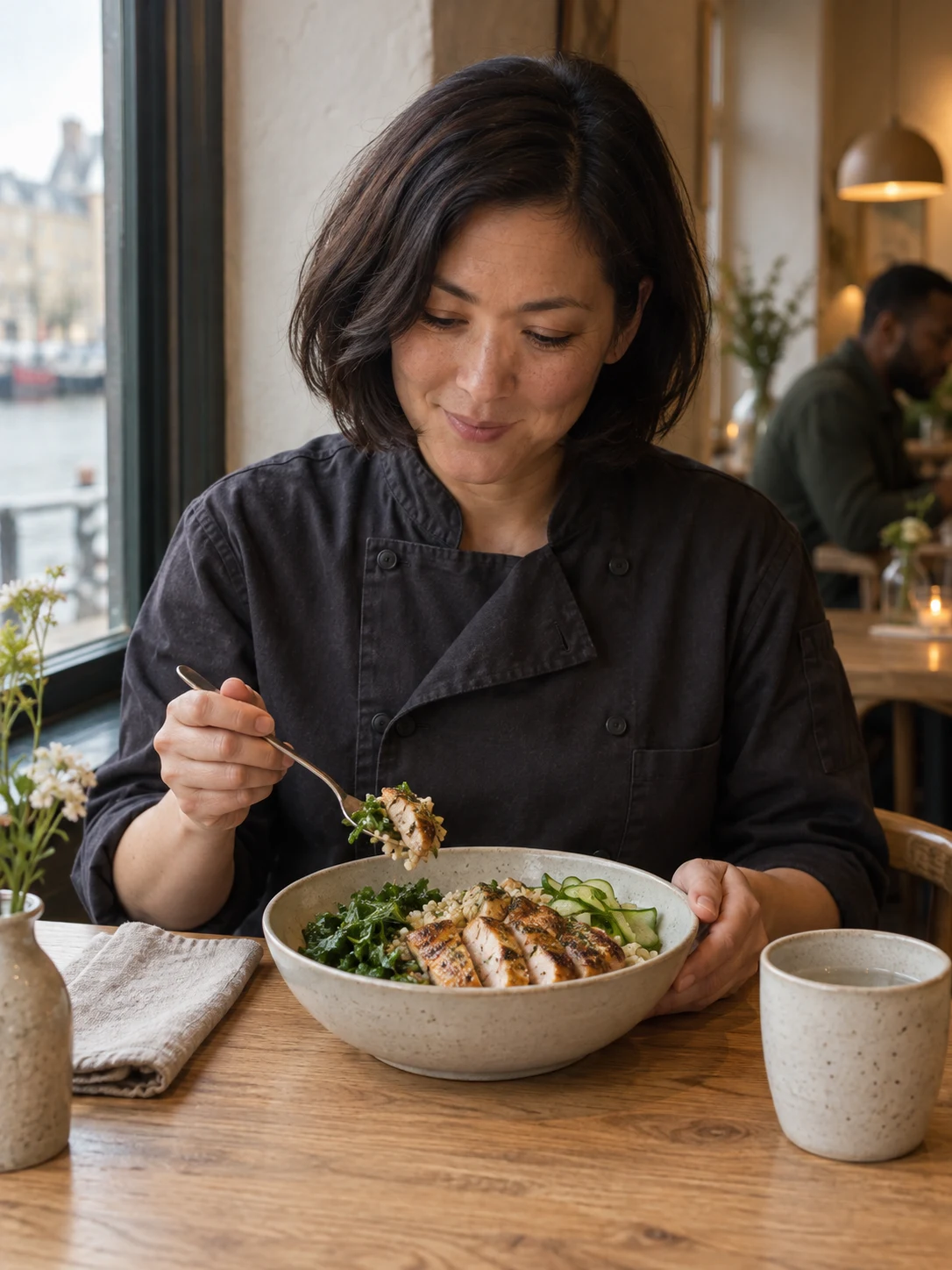 Complete chicken lunch bowl at the front window. Independent composition supporting this article; food must match the linked recipe.