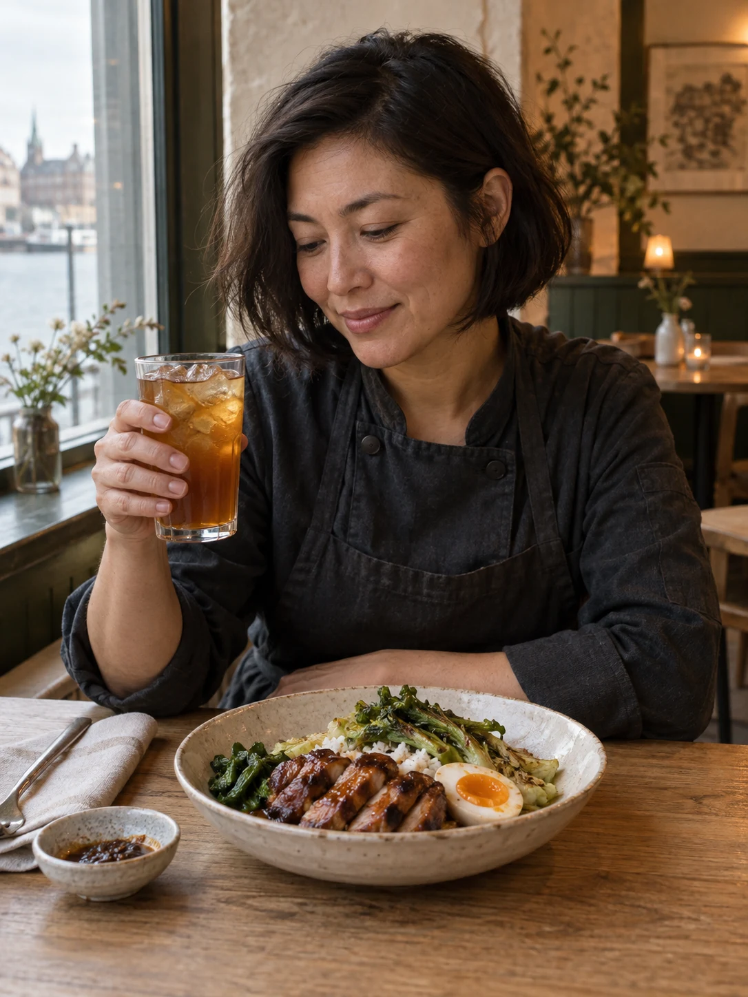 A cold roasted tea beside a complete midday rice plate. Independent composition supporting this article; food must match the linked recipe.
