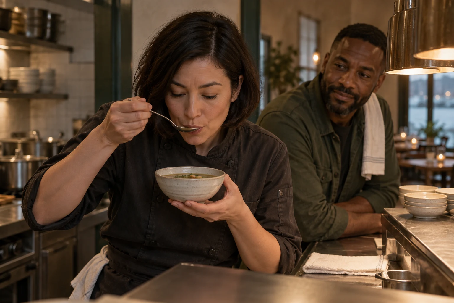 Mara tasting a small broth bowl at the kitchen pass. Independent composition supporting this article; food must match the linked recipe.