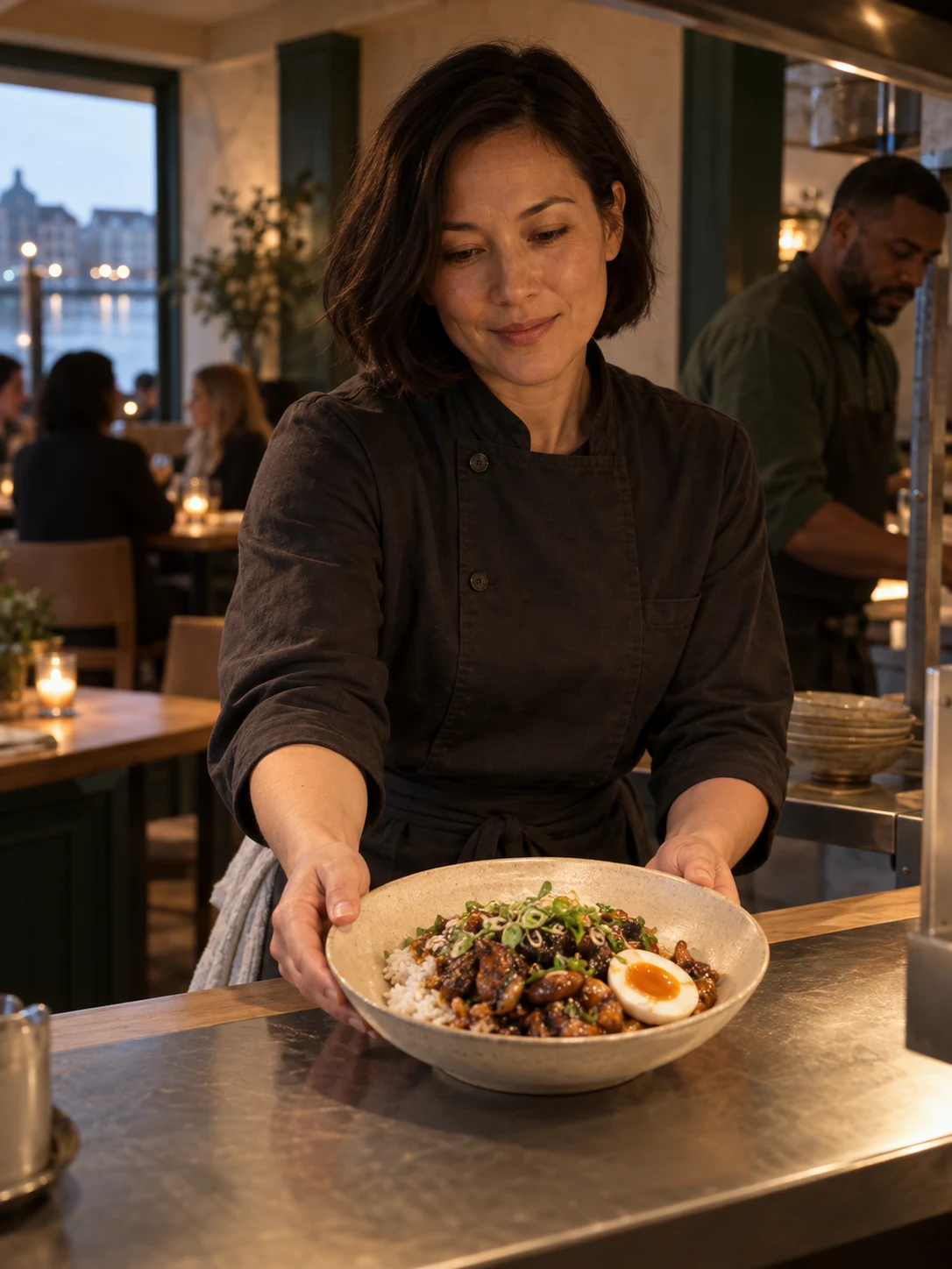 Mara at the pass with a complete rice plate. Independent composition supporting this article; food must match the linked recipe.