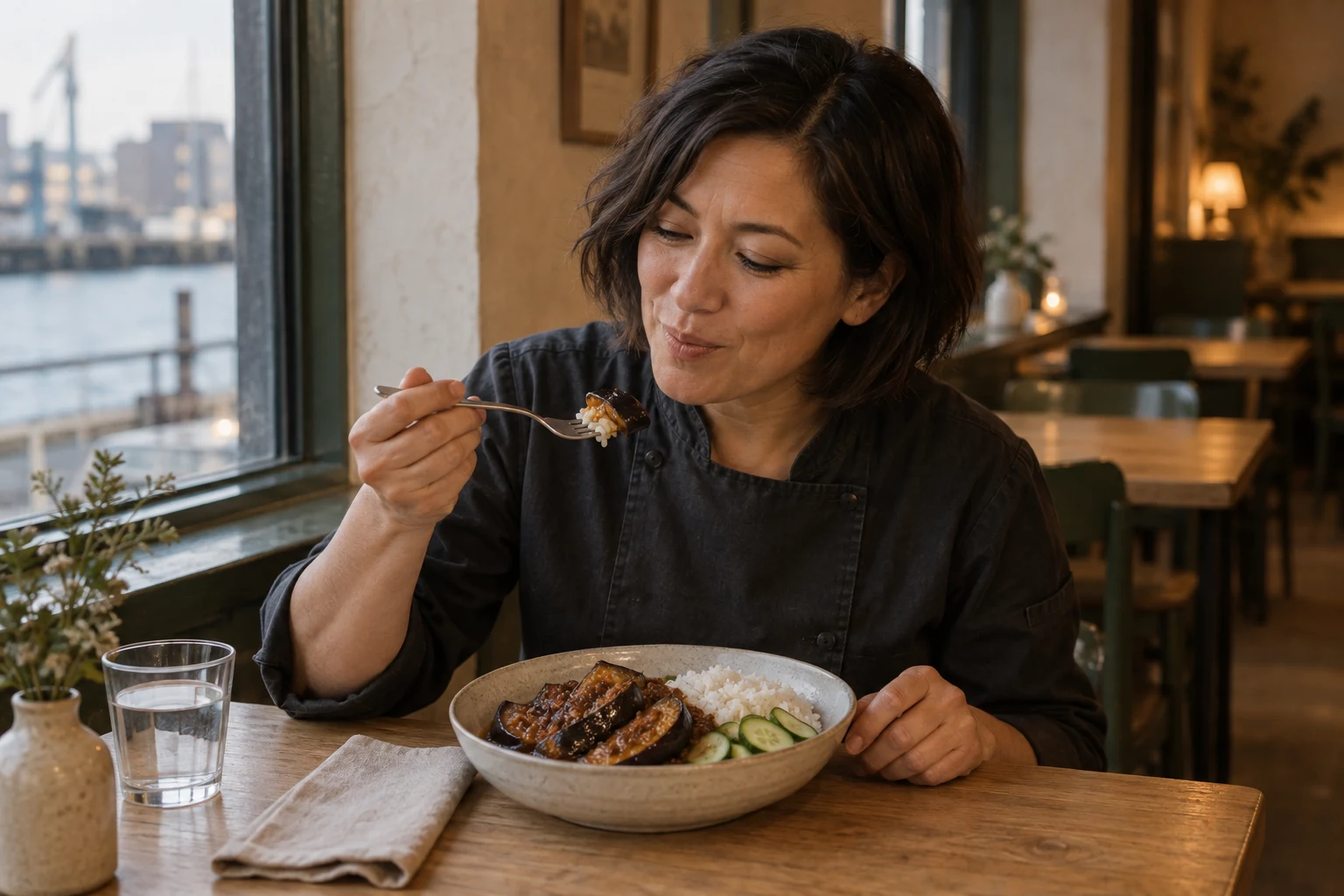 Mara tasting the exact lunch aubergine with rice and cucumber. Independent composition supporting this article; food must match the linked recipe.