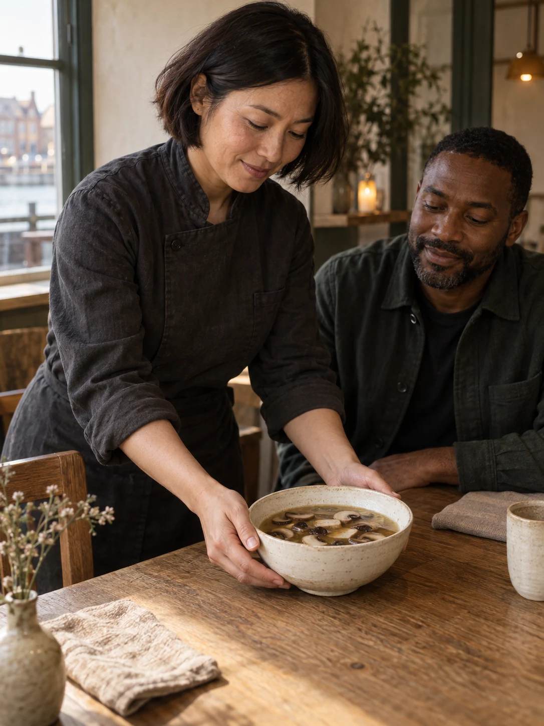 Clear mushroom-miso broth. Independent composition supporting this article; food must match the linked recipe.