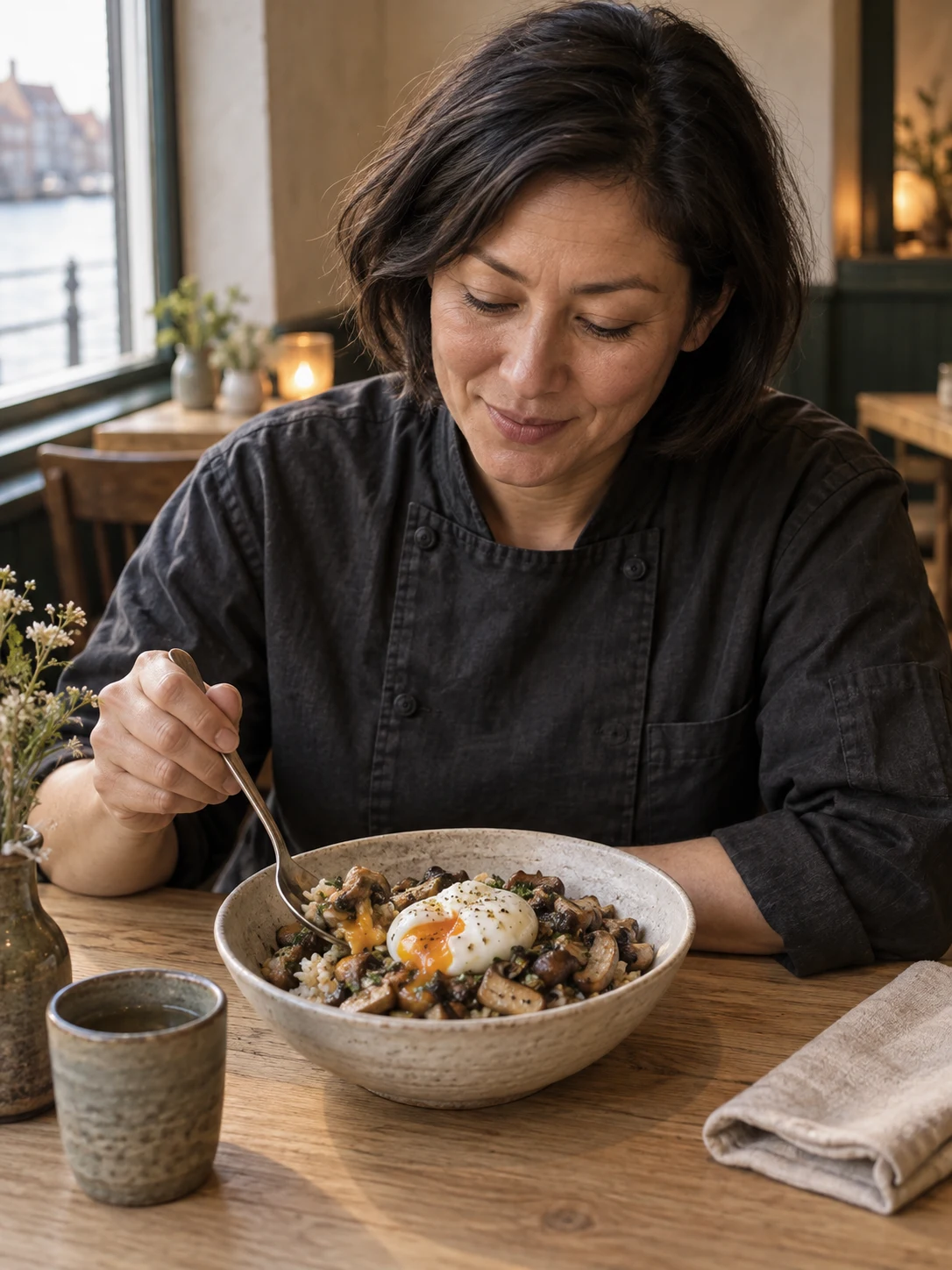 Lunch mushroom rice with soft egg. Independent composition supporting this article; food must match the linked recipe.