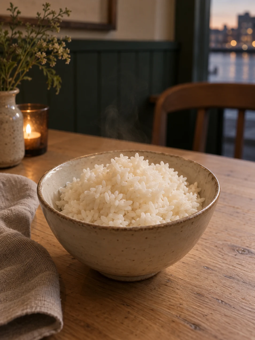 Warm plain rice in its own bowl. Independent composition supporting this article; food must match the linked recipe.