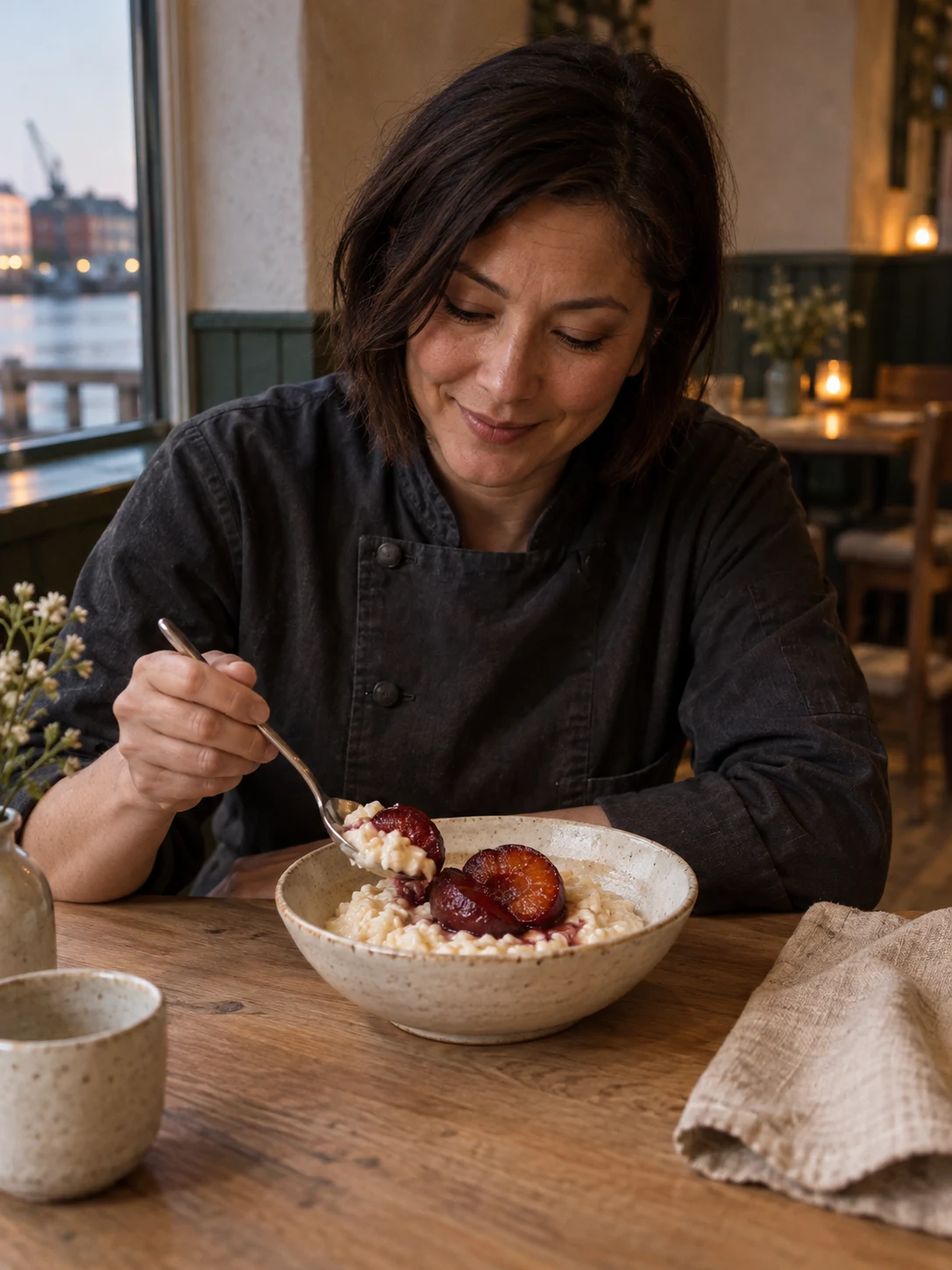 Rice pudding with roasted plum as a visibly different dish. Independent composition supporting this article; food must match the linked recipe.