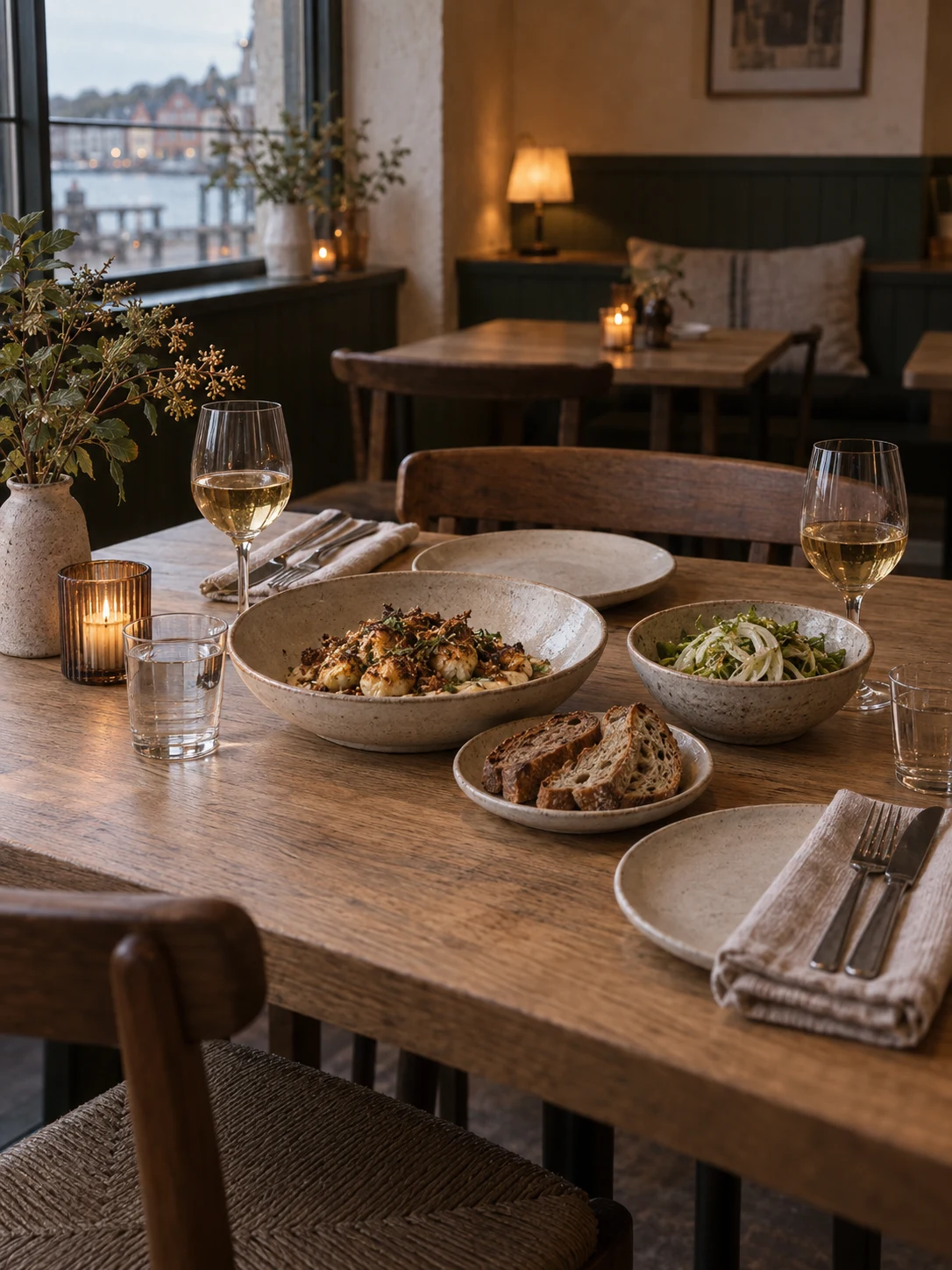 Reed Room table before guests arrive. Independent composition supporting this article; food must match the linked recipe.