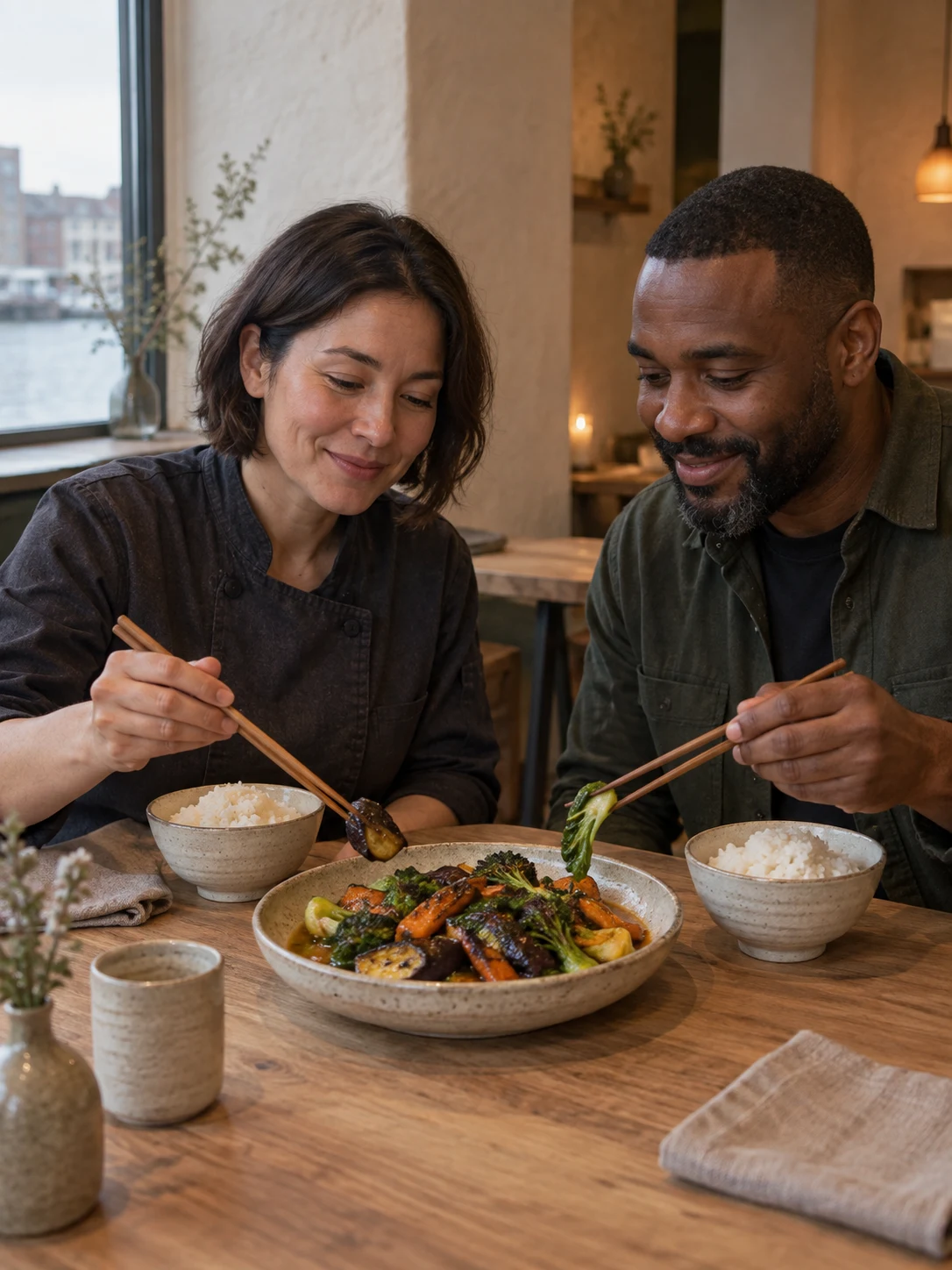 Two-person vegetable selection with two rice bowls. Independent composition supporting this article; food must match the linked recipe.