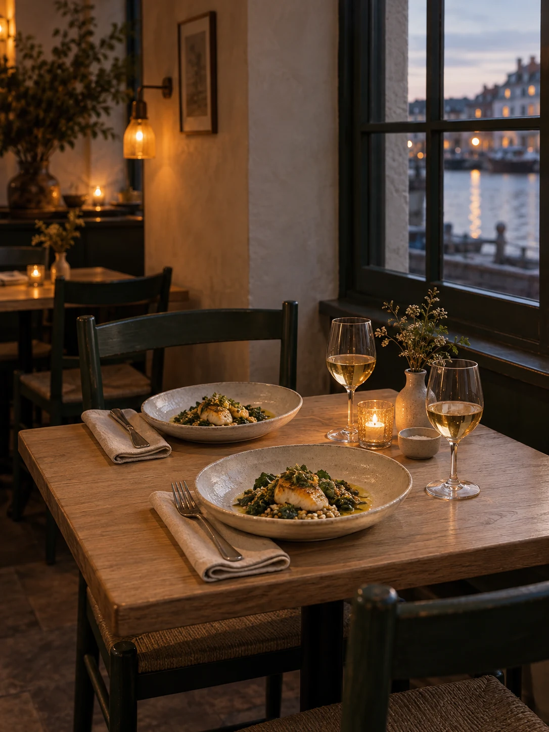 Two empty dinner places under warm evening light. Independent composition supporting this article; food must match the linked recipe.