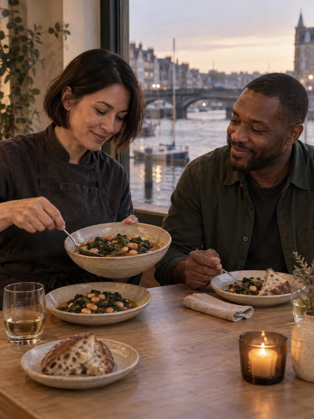 The imagined quay and bridge. Independent composition supporting this article; food must match the linked recipe.