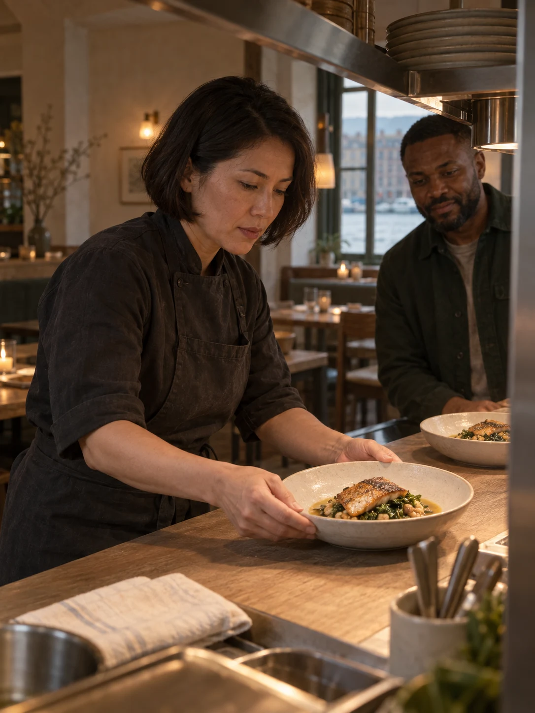 Counter connection to the pass. Independent composition supporting this article; food must match the linked recipe.