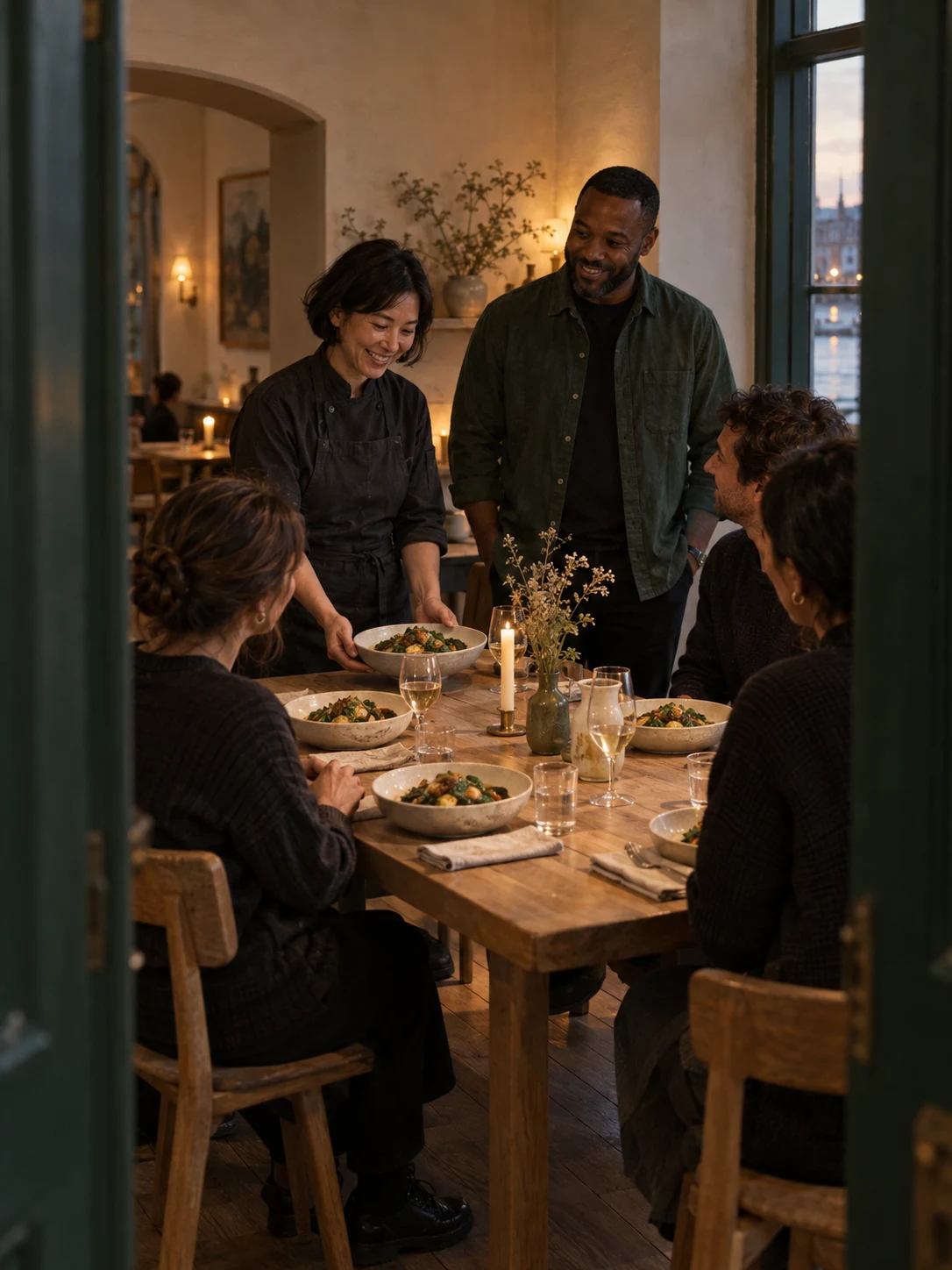 Reed Room doorway and group table. Independent composition supporting this article; food must match the linked recipe.