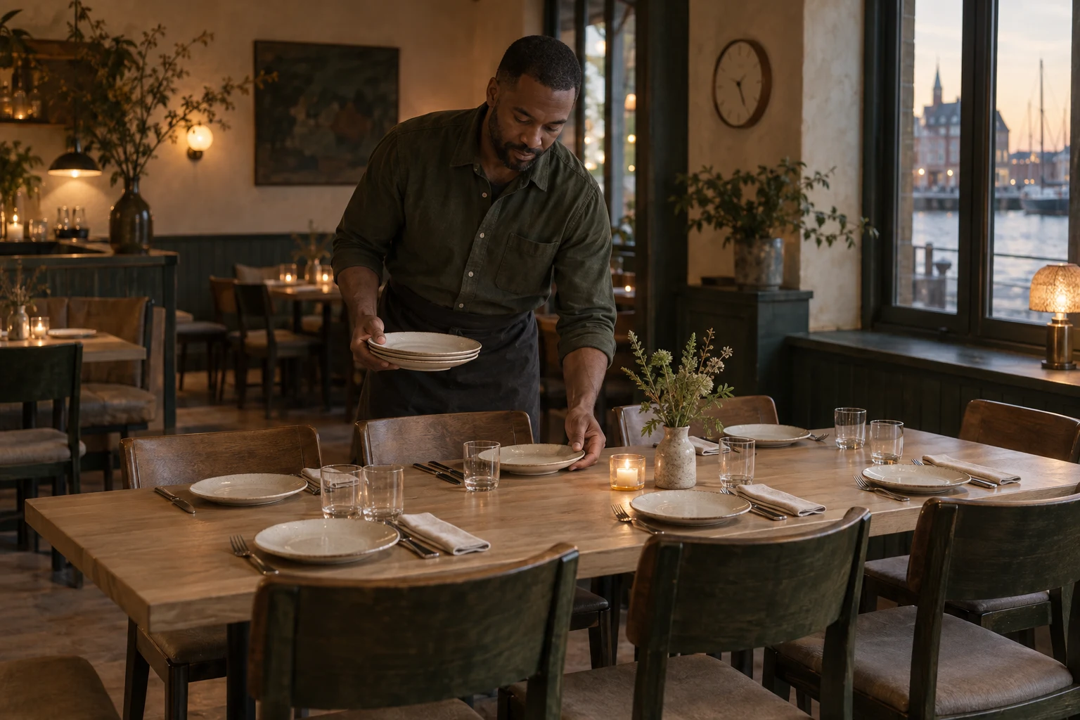 Jun arranging an empty group table with a clock visible only as room atmosphere, no fake booking record. Independent composition supporting this article; food must match the linked recipe.