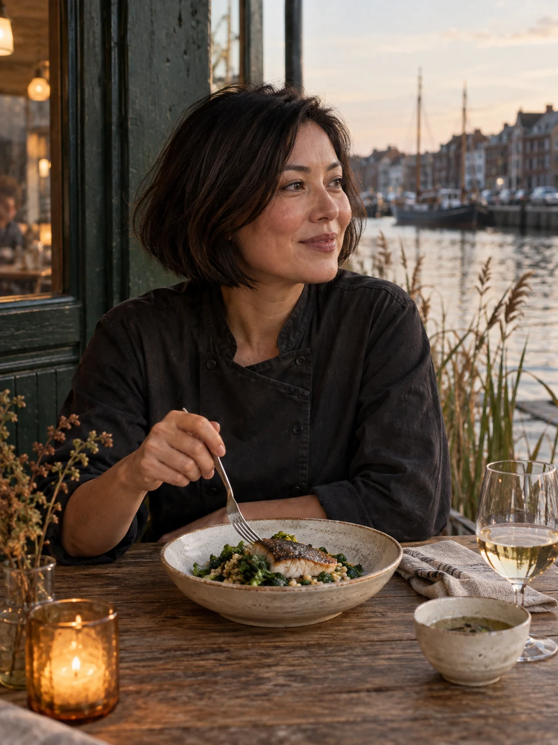 Bent reeds near an imagined quay. Independent composition supporting this article; food must match the linked recipe.