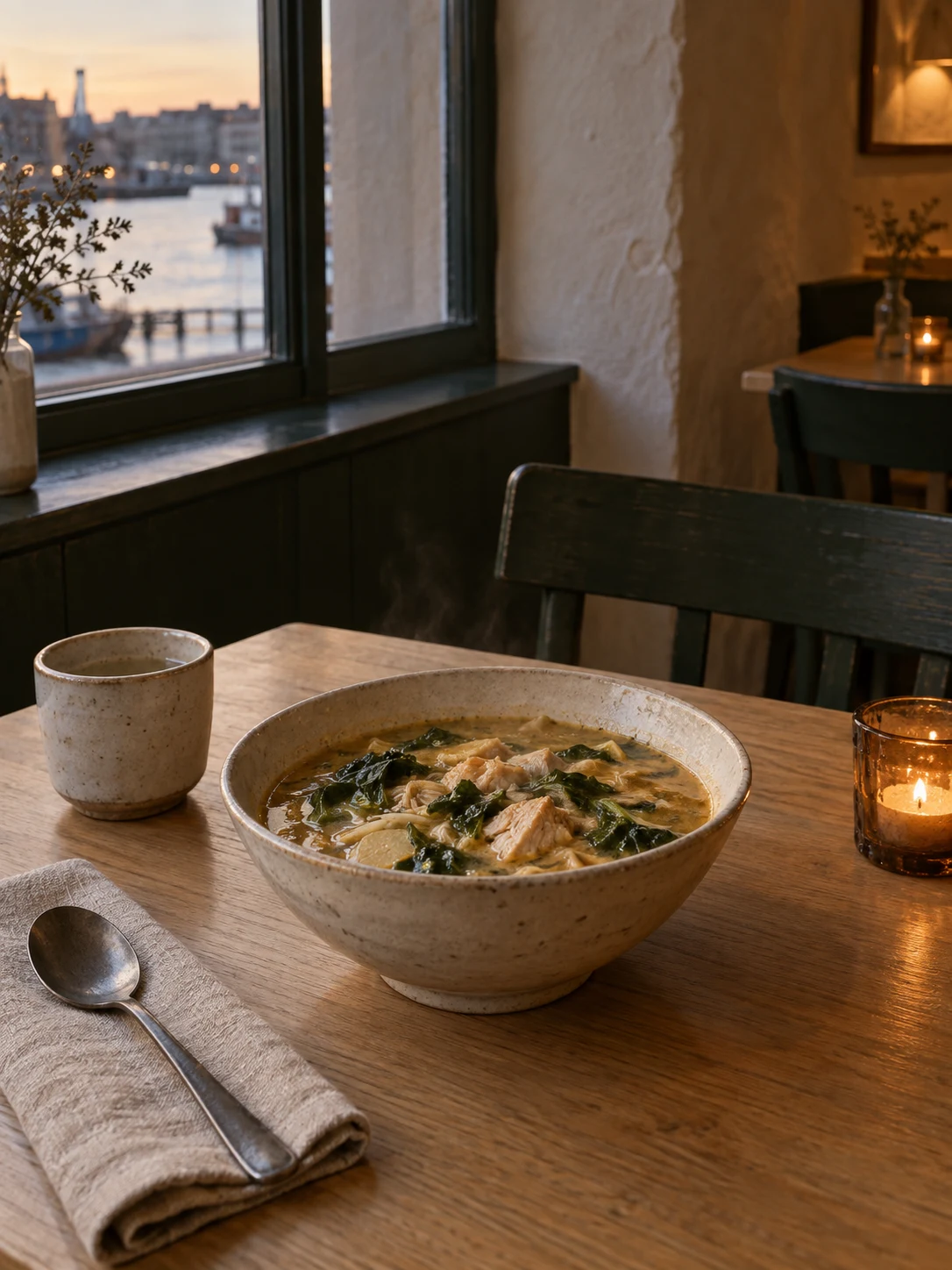 A plain warm bowl at an empty place. Independent composition supporting this article; food must match the linked recipe.