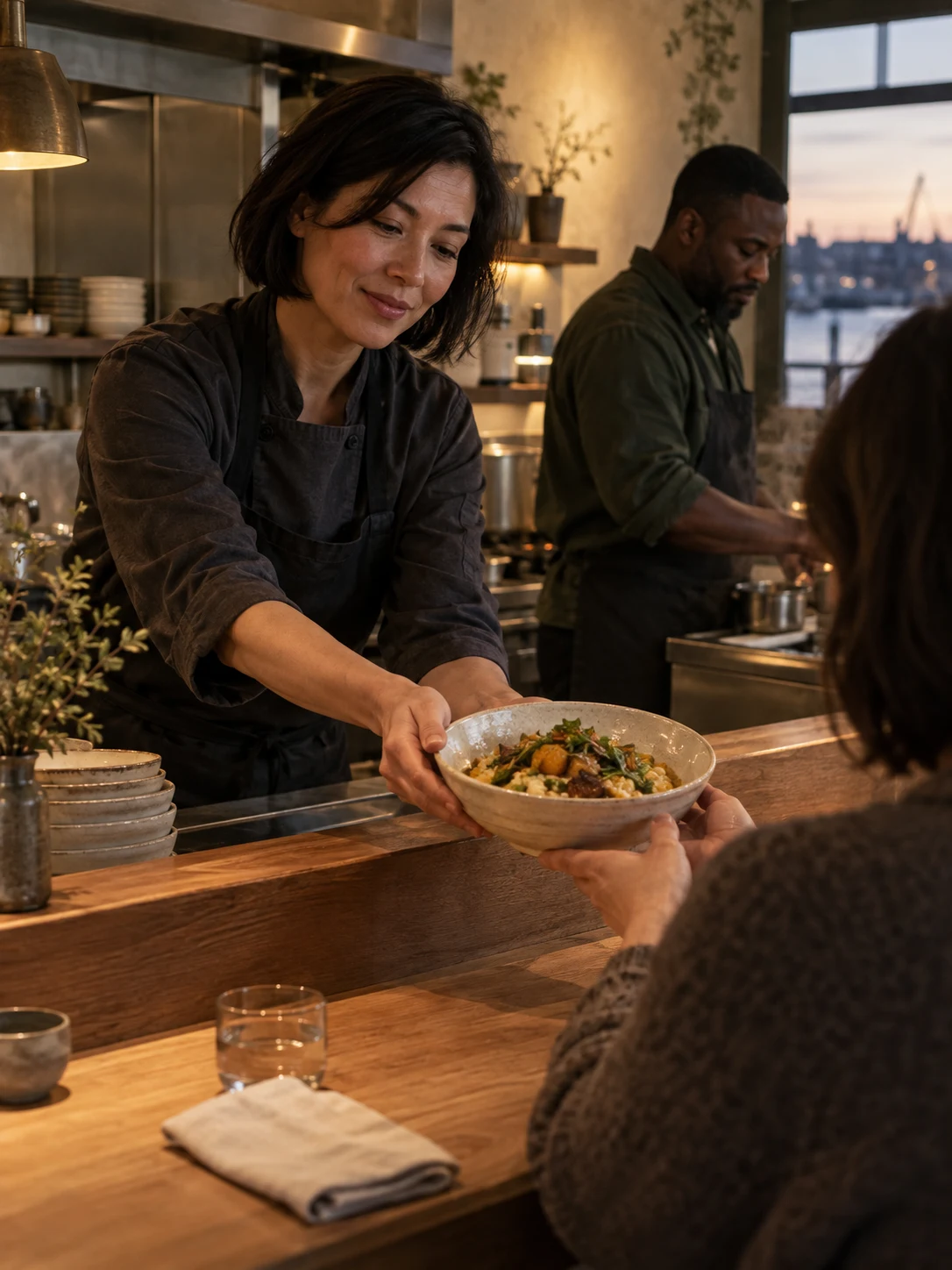 The counter line and a round bowl in one composition. Independent composition supporting this article; food must match the linked recipe.