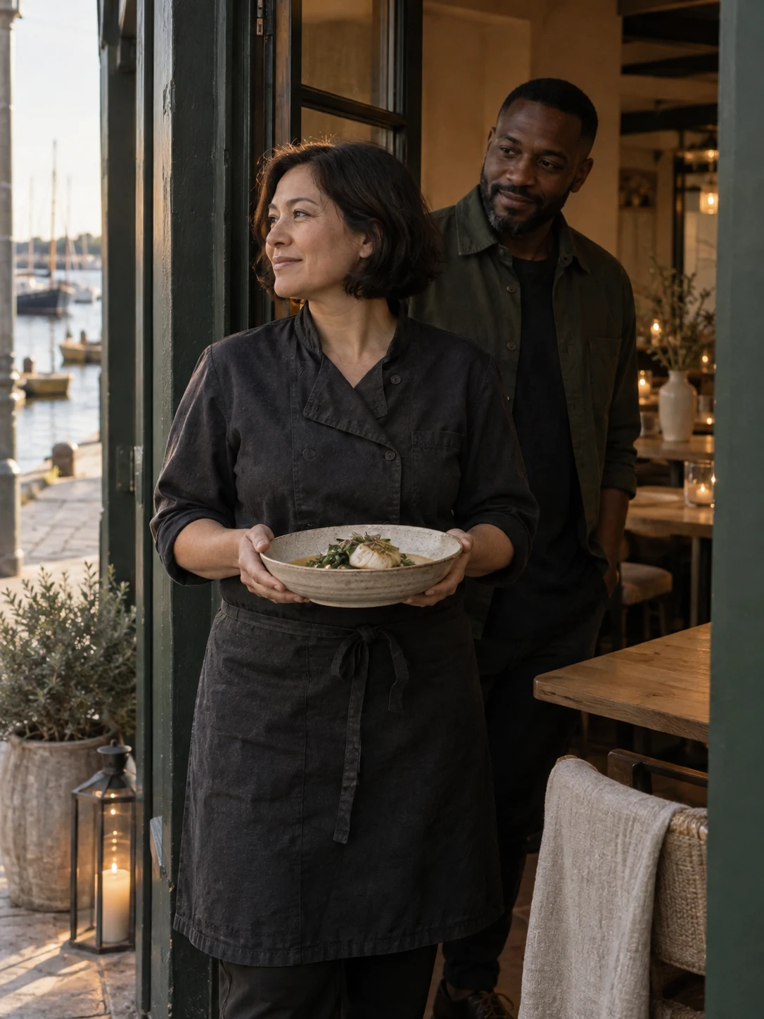 A quiet threshold connecting the quay story to the room. Independent composition supporting this article; food must match the linked recipe.
