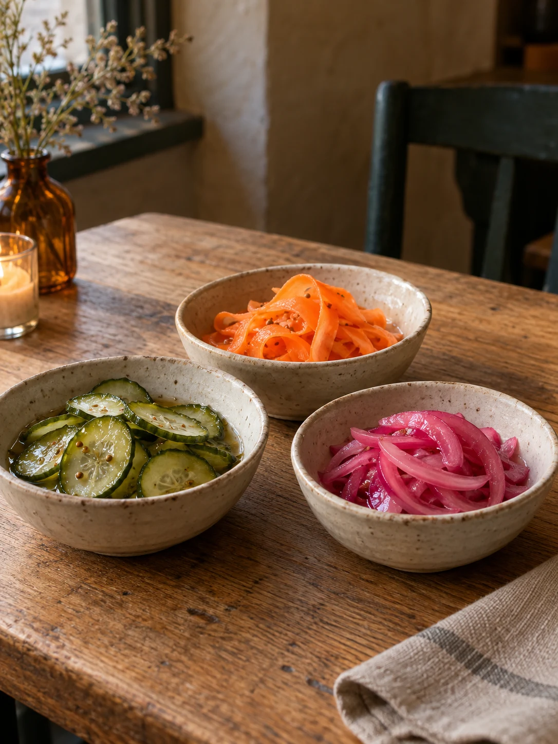 Three differently cut quick pickles. Independent composition supporting this article; food must match the linked recipe.