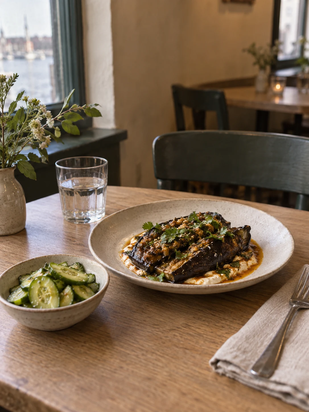Cucumber beside the exact lunch aubergine plate. Independent composition supporting this article; food must match the linked recipe.