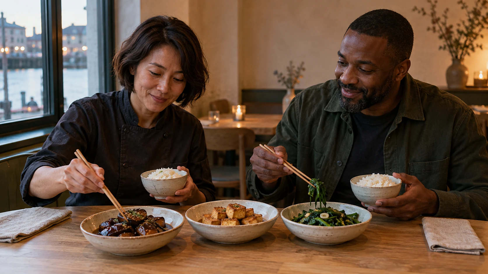 The exact two-person vegetable selection: miso aubergine, crisp tofu, garlic greens and two rice portions, prepared and placed without unrelated dishes. A deliberate still suitable for unloaded and reduced-motion display.