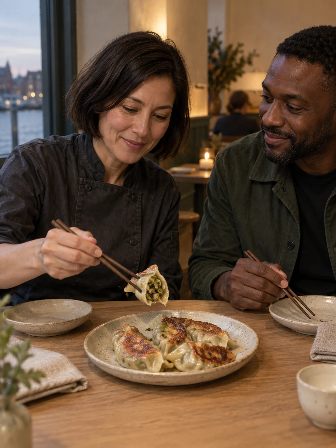Leek & shiitake dumplings; Folded parcels with a deeply browned underside and a leek-rich filling.