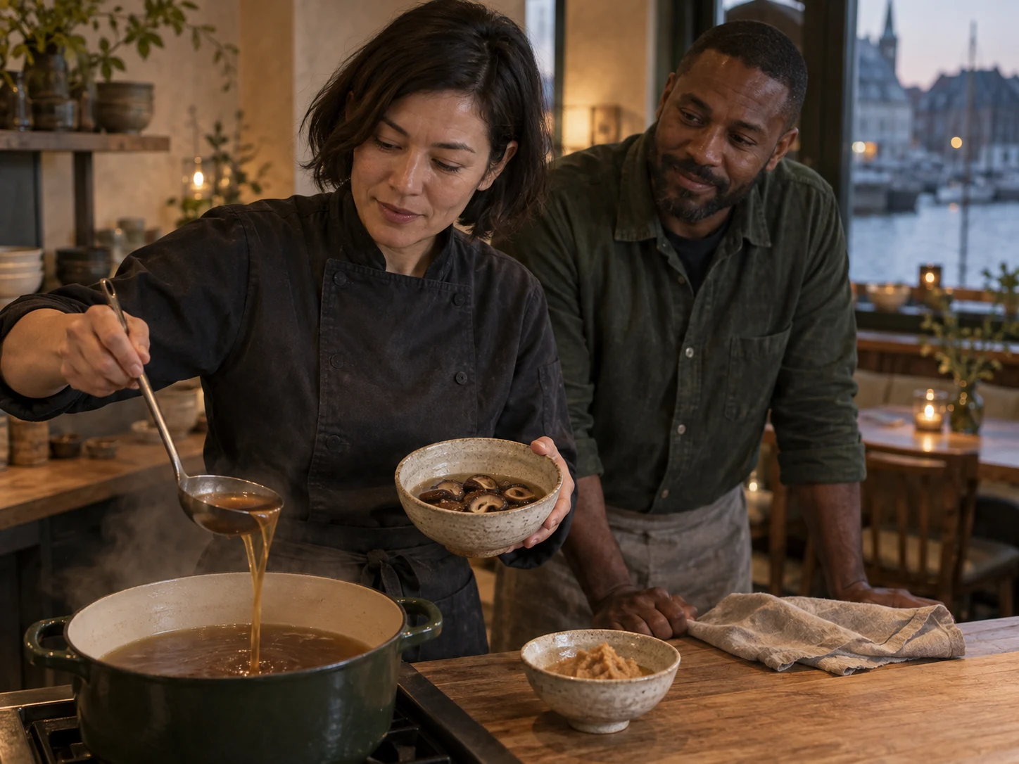 Mushroom & miso broth; Shiitake soaking liquor gives the broth depth before rice miso is stirred in.