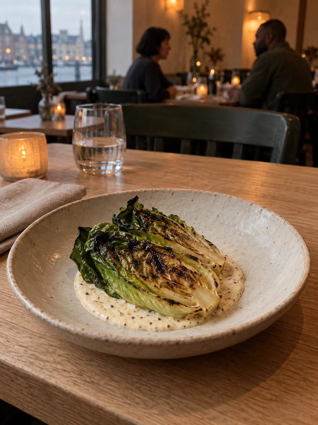 Grilled little gem, mustard yogurt; A brief turn over heat gives the leaves a smoky edge above cool mustard yogurt.