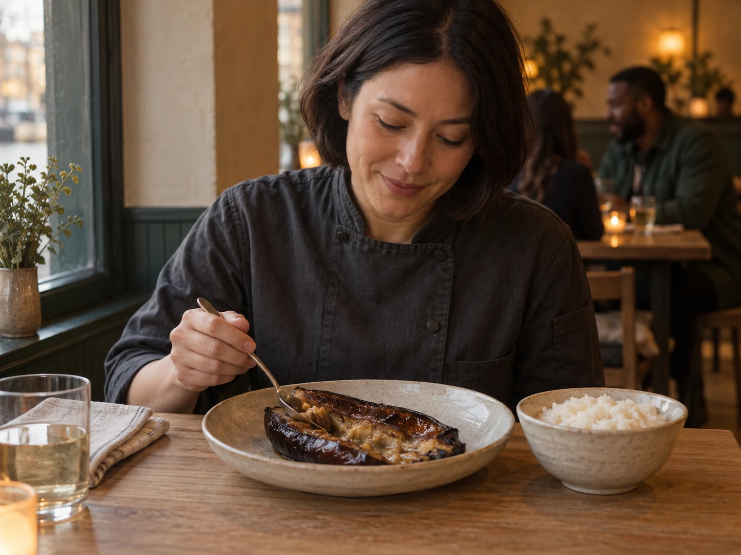Whole aubergine, miso & rice; A split aubergine with a lacquered surface and a spoon-soft centre, accompanied by rice.