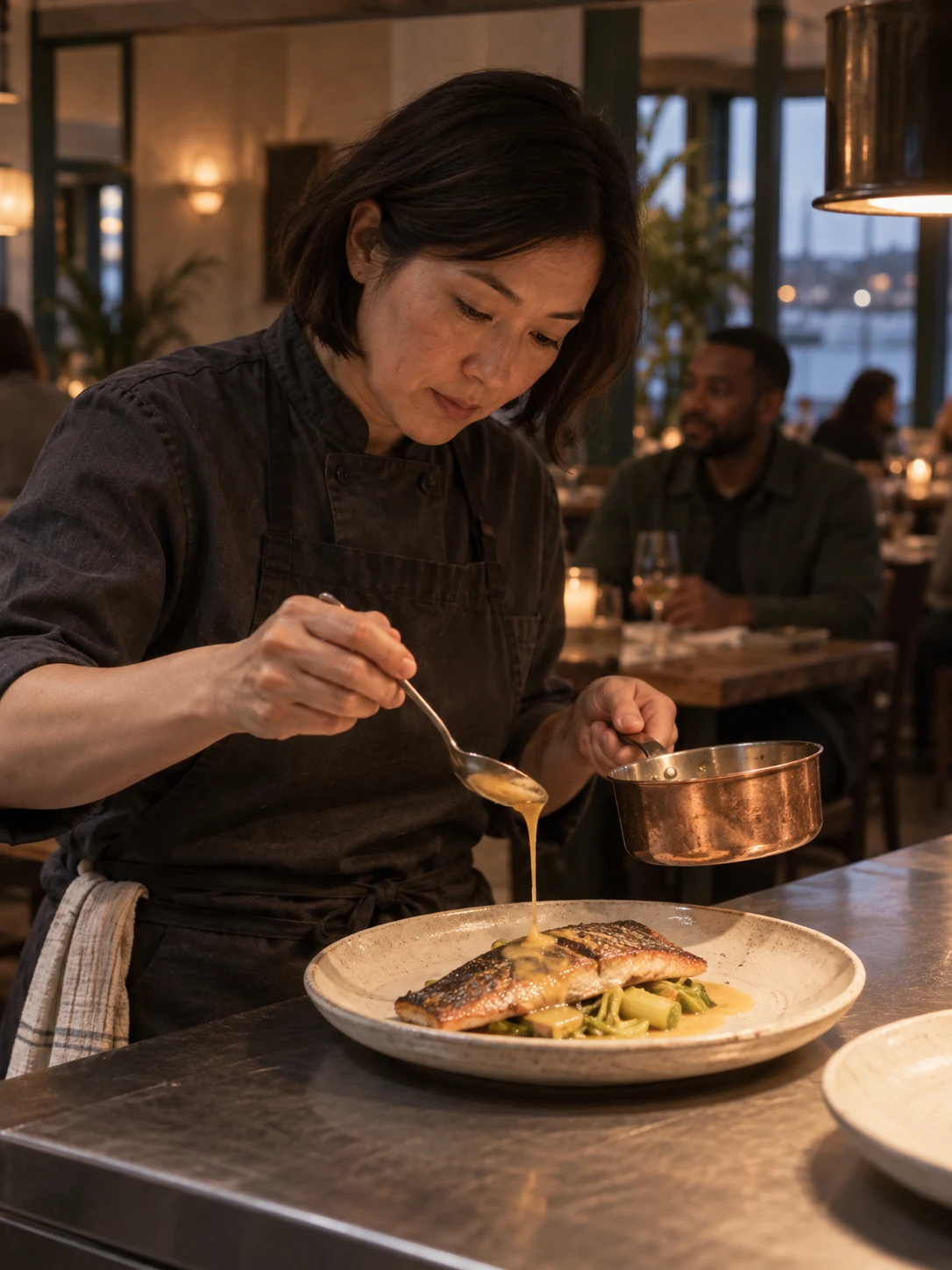 Trout, leeks & lemon butter; Roasted trout above sweet leeks, with warm lemon butter spooned at the pass.
