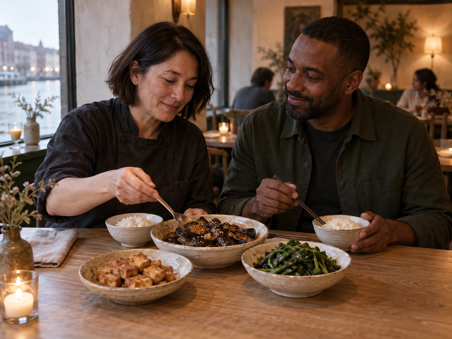 Vegetable table for two; Miso aubergine, crisp tofu and garlic greens with two rice portions; served as one shared selection.